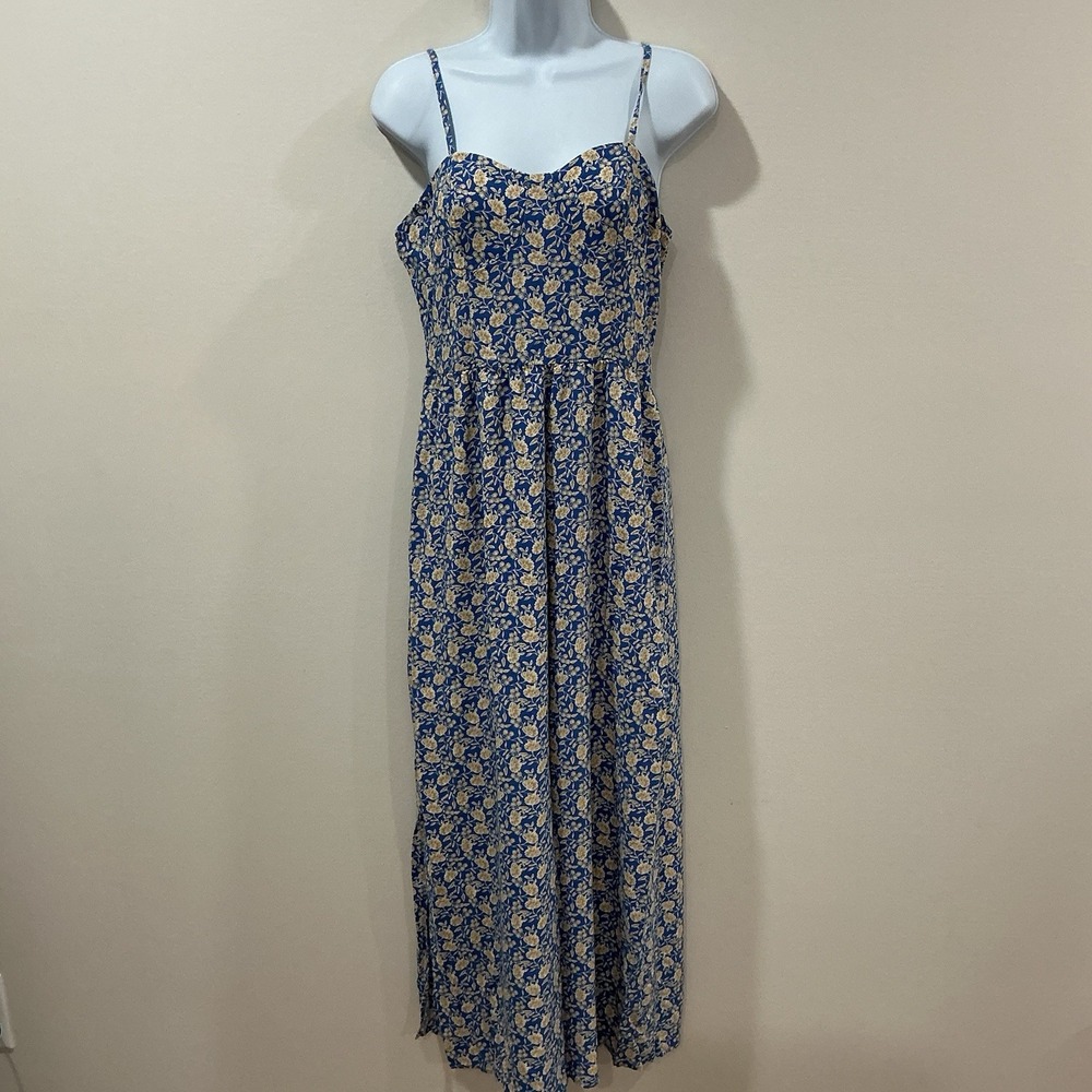 June & Hudson Floral Maxi Dress Blue Yellow Size Large Garden Party Side Slits